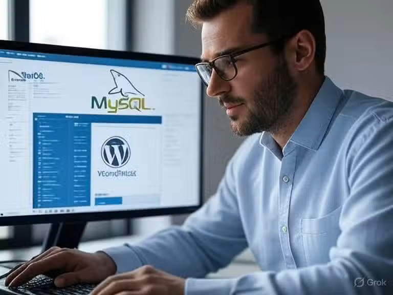 Featured post image with MariaDB, MySQL, and WordPress logos on a desk"