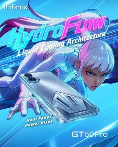 Cyberpunk-style promotional artwork of the Infinix GT 50 Pro highlighting HydroFlow liquid cooling architecture, gaming performance optimization, heat management technology, and futuristic mobile gaming visuals.