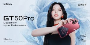 Official marketing image of the Infinix GT 50 Pro featuring Yuna holding the red gaming smartphone with HydroFlow liquid cooling, 144FPS gaming ecosystem, GT Trigger controls, and futuristic cyber gaming design.