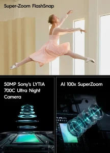 Tecno Camon 50 Ultra camera features showing 50MP Sony LYTIA 700C sensor and AI 100x super zoom performance